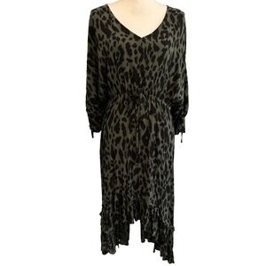 Umgee Olive Green Animal Print Elastic Waist Hi Low Tiered Maxi Dress Sz Lg‎ EUC